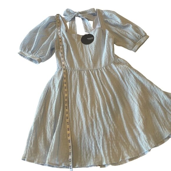 Light Blue Mini Dress Romper Womens Size S Puff Sleeve Open Back Tie Crinkle - Picture 5 of 8